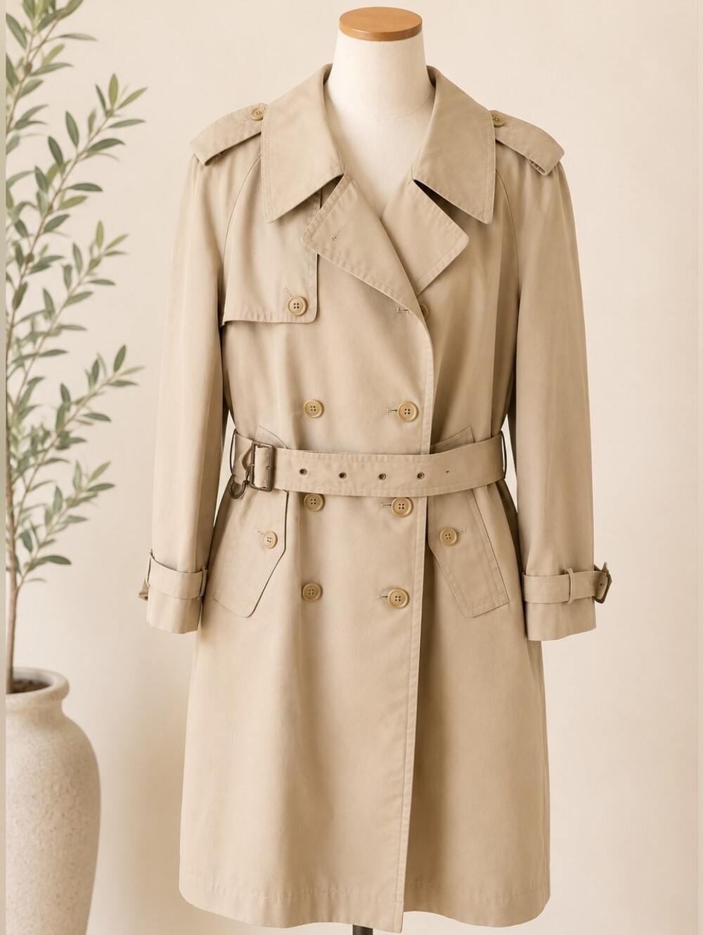 Vintage Fashion House Sanyo Beige Trench Coat Plaid Lined Quiet Luxury XS/S